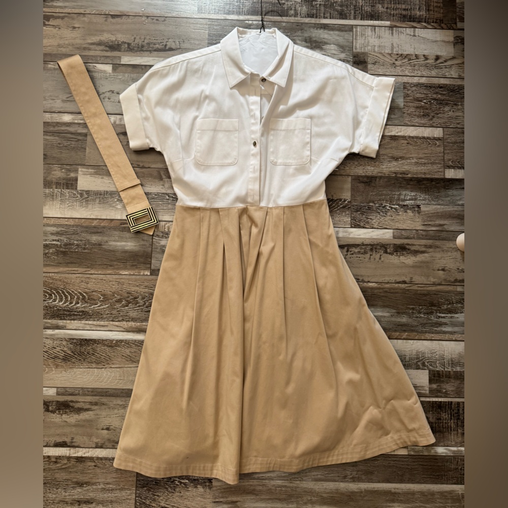 Karl Lagerfeld Tan and White Dress with Belt